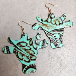 Dangle Earrings Vintage Ethnic Embossed Leather Fashion Bronze Bull Head Jewellery American Western Cowboy