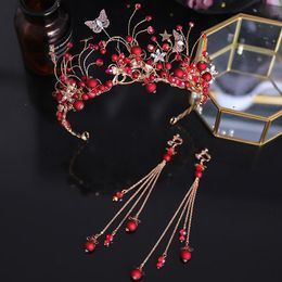 Hair Clips & Barrettes Handmade Red Simulated Pearl Tiara And Crown Butterfly Vintage Gold Princess Diadems Tassel Earring Stars Wedding Bri