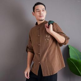 Ethnic Clothing Solid Cotton Linen Men Casual Shirt Chinese Traditional Embroidery Robe Gown Mandarin Collar Cardigan Retro Button Harajuku