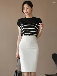 Work Dresses Professional OL 2 Pieces Outfits Women Commuter Knitted Elastic Short Sleeve Tops T-shirt Midi Skirt Set Lady Style Clothes