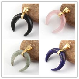 Pendant Necklaces Trendy-Beads Light Yellow Gold Colour Crescent Moon Black Agates White Howlite Stone Jewellery