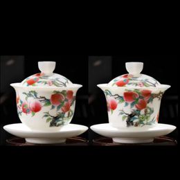 White Jade Ceramic Gaiwan Jingdezhen Tea Cup Peach Pattern Tea Bowl Tureen Chinese Kung Fu Teaware Gift Drinkware