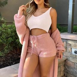 Womens Sleepwear Cozy Knit 3 Pieces Set Fluffy Pajamas Women Casual Tank Top And Shorts Plus Size Hoodie Leisure Homsuit Winter Pijamas