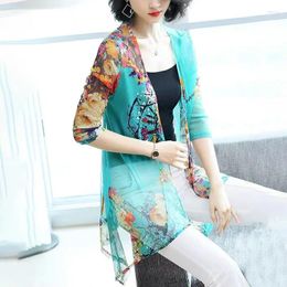 Women's Blouses Print Summer Medium Length 7-point Sleeve Middle-aged Mother Sunscreen Outdoor Shawl Cardigan With Air Conditioning