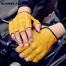 Motorcycle Gloves Fingerless Motorcycle Leather Gloves Protection Retro Summer Motocross Gloves Biker Motorcyclist Cycling Half Gloves Brown BlackL231153