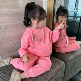 Clothing Sets Autumn Winter Junior Girl Thicken Sports Suit Teenager Hooded Drawstring Sweatshirts Sweatpants For Girls 2pcs