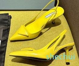 yellow polish leather Slingback Pumps padded Evening point toe Heelswomen heeled Luxury Designer Dress shoe factory footwear 35-43