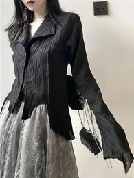 Women's Blouses Deeptown Y2k Blouse Women Vintage Black Shirt Gothic Harjauku Pleated Button Up Korean Dark Tight Long Sleeve Aesthetic