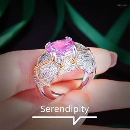 Wedding Rings Fashion Retro Irregular Rope Knot Two-color Gold Inlaid Pink Zircon Open Ring Female Trend Engagement Jewelry