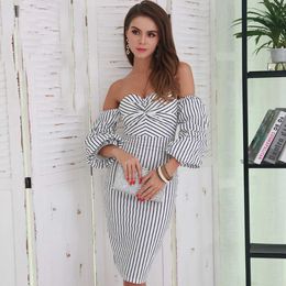 Prom Dresses 2023 Sexy Off Shoulder Back Low Waist Lantern Long Sleeve Elegant Stripe Pure Cotton Tight Fit Women's Off Shoulder Dresses