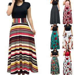 Casual Dresses Vintage Floral Print O-Neck Long Dress Women Summer 2023 Short Sleeve Slim Robe Elegant Lady Maxi