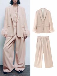 Womens Suits Blazers Blazer Women Spring Fashion Feather Trim Single Button Straight Wide Leg High Waist Pants Suit Jacket TwoPiece Set 231123