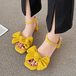 Sandals Women Bow Sandals Square Toe High Heels Shoes 2023 New Summer Designer Chunky Party Shoes Sexy Pumps Sweet Dress Slippers Femme AA230422