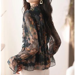 Women's Blouses 2023 Long Sleeve Stylish Chiffon Blouse For Women Ruffled Flower French Office Ladies Button Up Shirt Spring Autumn Clothing