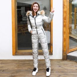 Women's Trench Coats One Piece Ski Suit Women Jackets Winter Hooded Parka Jumpsuit Cotton Bodysuit Sashes Jumpsuits Zipper Overalls