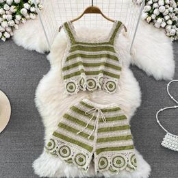 Women's Tracksuits Fashion Crochet Hollow Camisole Wear High Waist Wide Leg Shorts 2023 Summer Women Two Piece Set Seaside Holiday