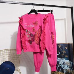 Women's Two Piece Pants Drilling Butterfly Knitted Tracksuits Women Outfits Autumn Loose Casual Pullover Sweater Pencil Set Female