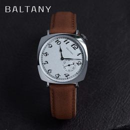 Other Watches Baltany 1921 Sub second Homage Watch Seagull ST1701 Stainless Steel Salmon Colour Square Case Men wristwatch 231122