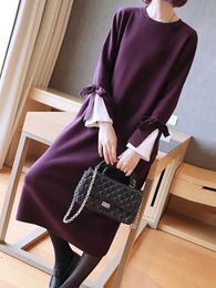 Basic Casual Dresses Autumn Winter Purple Knitted Patchwork Fake Two Piece Dress Women Thick Warm Sweater Dress 2023 Korean Elegant and Pretty DressL23116