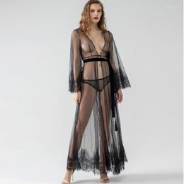 Women's Sleepwear Sexy Lace Home Suit For Women Two Pieces Set See Through Nightgown With Belt Panties Long Sleeves Lingerie