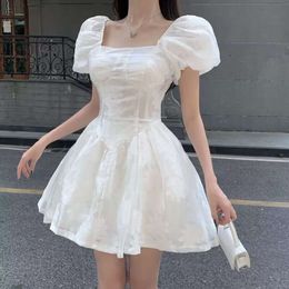 Elegant Sweet White Summer Woman Retro Square Collar Puff Sleeve Fluffy Femem Korean Organza Mini Princess Dress