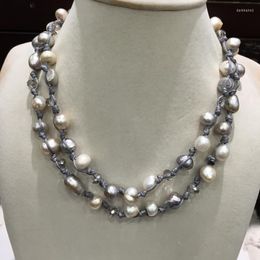 Chains Casual Sporty Baroque Long Fresh Water Pearl And Crystal Necklace Trendy Jewelry For Women Grey Color Wax Rope