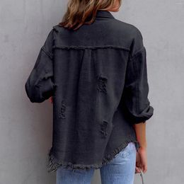 Women's Jackets Turn Down Collar Distressed Jean Shirt Button Women Ripped Jacket Loose Fit Long Sleeves Coat Solid Colour Streetwear Suit