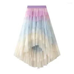 Skirts SISHION Women 2023 Autumn Short Front Long Back Irregular Skirt RS1173 Cake Rainbow Tulle Mesh Colourful Party