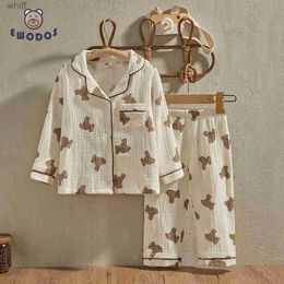 Towels Robes EWODOS 1-6 Years Toddler Baby Kids Unisex Casual Pajama Suit Cartoon Bear Print Long Sleeve Front Pocket Lapel Tops+ Long PantsL231123