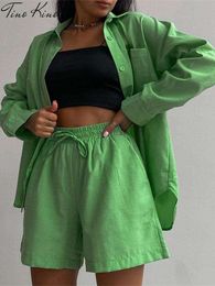 Loose Women Tracksuit Shirt Two Piece Set Green Long Sleeve Top Mini Shorts Suit Female Summer Lady Casual Suits