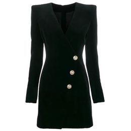 Basic Casual Dresses Fashion Solid Velvet Fabric VNeck Slim Fit Three Button Long Sleeve Dress Coat 231123