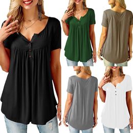 Women's T-Shirt Womens Casual Short Sleeve Loose T-Shirts Solid Colour Button Pleated Tunic Tops v-neck female pullover tops summer clothes 230422