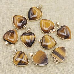 Pendant Necklaces Selling Natural Heart Tiger Eye Stone Plated Gold Edge Necklace Fashion Charms Making Jewellery Accessories Wholesale 8Pcs
