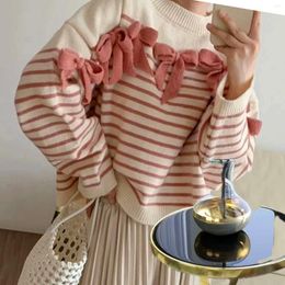 Women's Sweaters Sweet For Women Bow Contrast Colour Striped Knitted Jumper Sueter De Mujer Loose Casual Fashion Pullovers Pull Femme