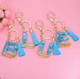 Simple 26 Letters Keychain Pendant With Blue Tassel Girls Bag Hanging Ornament A-Z Initials Resin Key Accessories