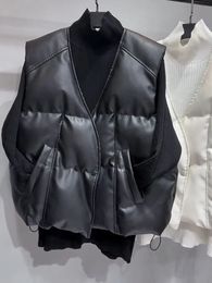 Womens Vests Winter Autumn Waterproof Leather Jacket Vest Artificial PU VNeck Sleeveless Metal Buckle Belt Coat 231122