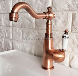 Bathroom Sink Faucets Antique Red Copper Swivel Spout Faucet Single Handle Cold And Water Mixer Washbasin Wnf411