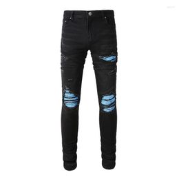 Men's Jeans Men Pleated Blue Patches Biker Skinny Tapered Stretch Denim Pants Streetwear Holes Ripped Black Cotton Trousers