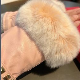 Leather Fingerless Gloves Designer Winter Fur Cashmere Glove Ladies Warm Pink Real Sheepskin Leather Glove