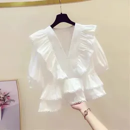 Women's Blouses Sweet Blouse For Women V-neck Slim Fit Short Sleeve Shirts 2023 Blusas Mujer De Moda Crop Tops Ruffles White Summer