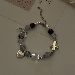 Link Bracelets Vintage Beaded Charm Bracelet For Women Aesthetics Angel Wing Heart Cross Pendant Dark Simple Jewelry Harajuku Y2k