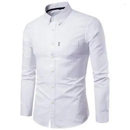 Men's Dress Shirts Men Solid Colour Blouse Summer Male Turn Down Collar Long Sleeve Pocket Button Casual Tops Work Top