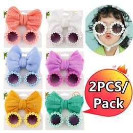 New 2PCS/Pack Vintage Kids Summer Bows Cute Headband Sunglasses Children Sun Glasses Protection Glasses Baby Hair Accessories 2023