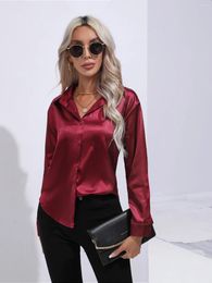 Women's Blouses Elegant Satin Imitation Silk Long Sleeve Shirt Autumn/Winter Solid Office Lady Lapel Button Blouse Women Clothing S-XXL