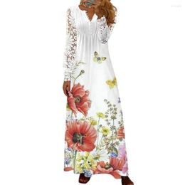 Casual Dresses 2023 Long Dress V Neck Splicing Lace Sleeves Spring Summer Single-breasted Floral Print Women Maxi