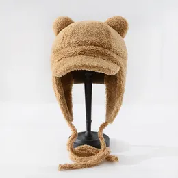 Berets Korean Version Cute Bear Ear Baseball Hat Women's Winter Thickened Outdoor Cycling Cold And Warm Short Brim Bomber Hats