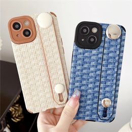 Luxury Leather Weave Pattern Wrist Strap Holder Phone Case For iPhone 15 11 12 13 14 Pro Max 14Plus Soft Bracket Shockproof Cover
