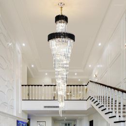 Chandeliers Modern Luxury Crystal Lights LED Living Room Black Fixtures Staircase Rotating Decorative Hang Lighting