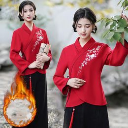 Ethnic Clothing 2023 Chinese Traditional Women Fleece Lined Hanfu Blouse National Flower Embroidery Cheongsam Tang Suit Service Coat