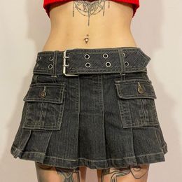 Skirts Denim Belt Jean Mini Pleated Skirt Low Rise Waist Micro Y2K Balletcore Microskirt Cargo Short Harajuku Punk Korean Style